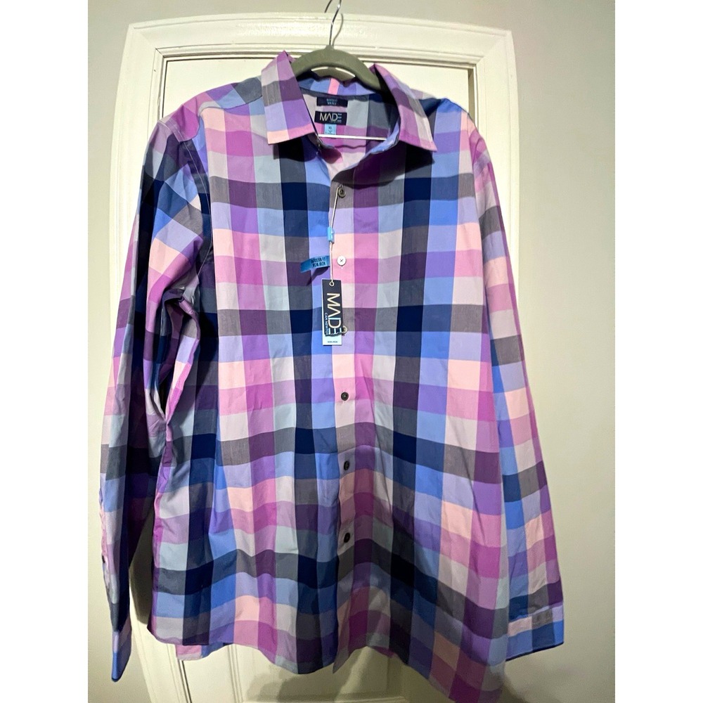 MADE Cam Newton Modern Fit Non-Iron Purple/Blue Plaid LS Button-Up Shirt XL